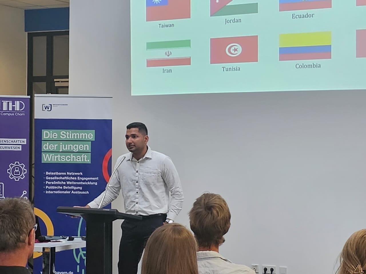 Shresth Sharma speaking at an international event